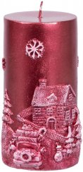 Svíčka MagicHome Vánoce, 7x12,5 cm, červená, s krajinkou