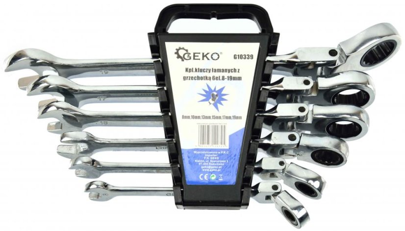 Ratschenschlüsselsatz mit Gelenk, 6-teilig (8,10,13,15,17,19 mm), GEKO