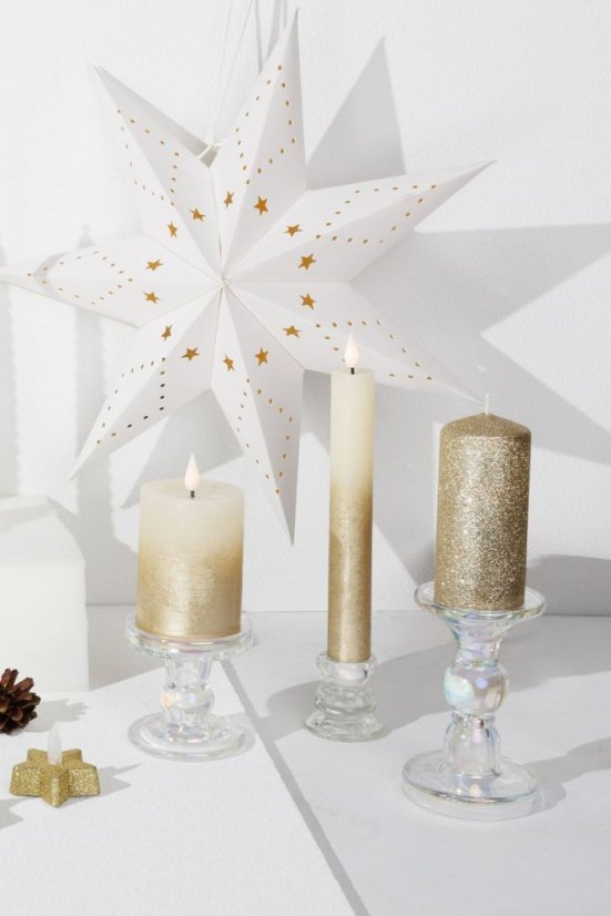 MagicHome Weihnachtskerze, LED, 2xAAA, einfache Beleuchtung, Creme/Gold, Metallic-Effekt, 7x10 cm