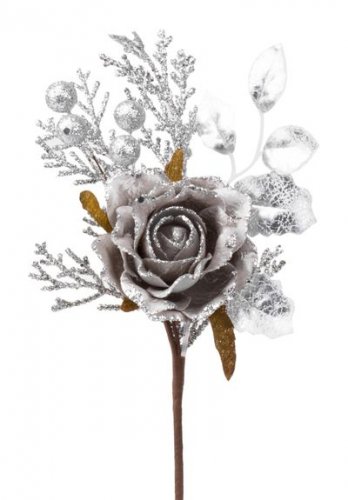 Větvička MagicHome Vánoce, s růží, šedá, 26 cm, bal. 6 ks