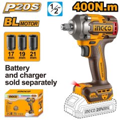 Ütvecsavarozó Li-Ion 400N.m CIWLI20401 INGCO INDUSTRIAL AKU 20V P20S akkumulátor és töltő nélkül