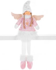Figura MagicHome Crăciun, Înger cu fustă scurtă albă, material, roz-alb, 23x12x59 cm