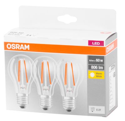 Izzó OSRAM® BASIC LED FR 060 (ean9351) nem dim 7W/827 E27 2700K MULTIPACK, Star CLASSIC A